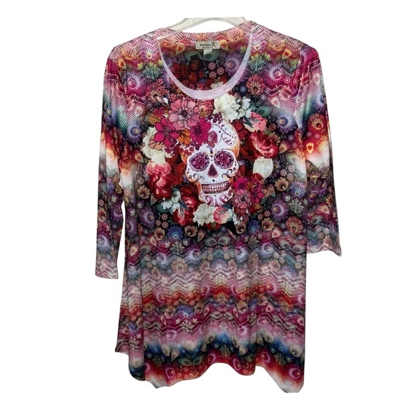 One World Printed Knit 3/4 Sleeve Embellished Sharkbite Tunic Size Large - Picture 1 of 11